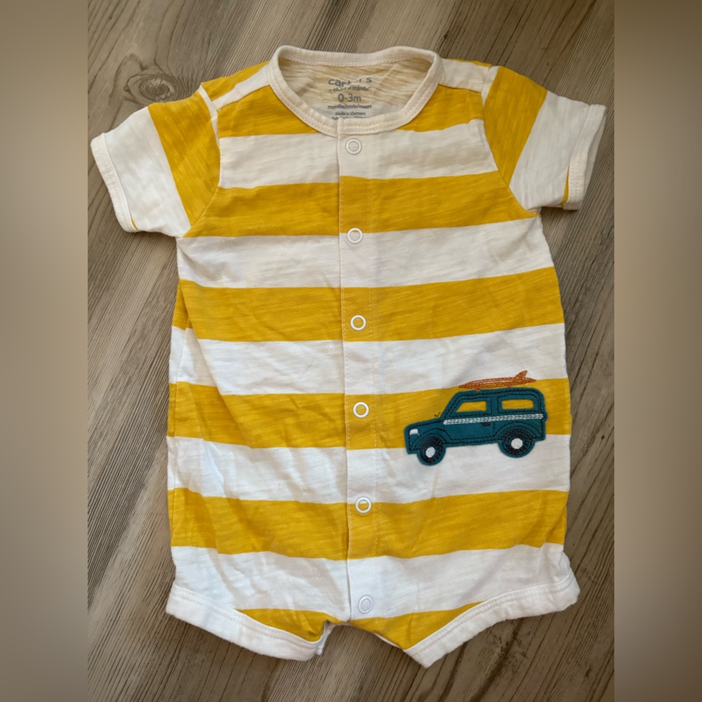 Carter's Baby Boy Yellow and White Striped Button Down Romper- 0-3 Months